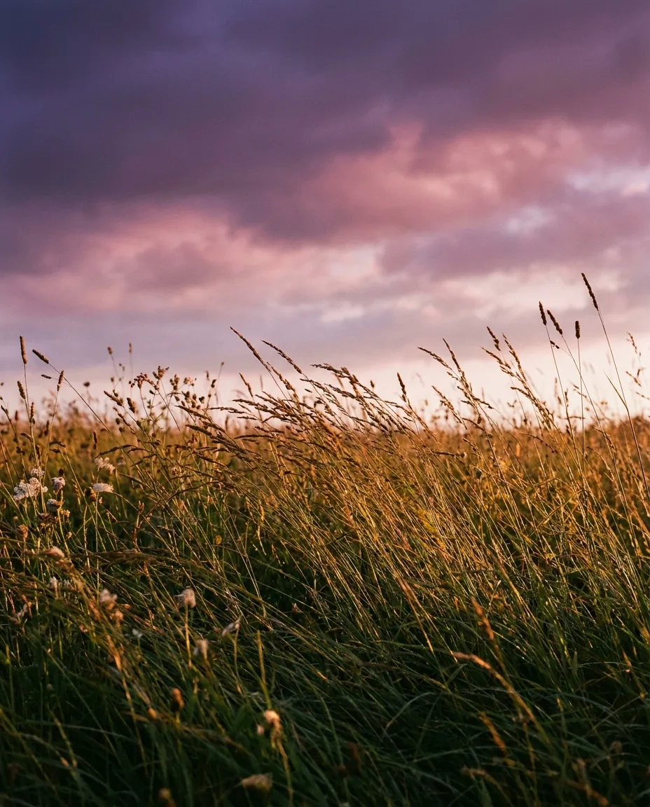 Tall grass swaying under a dramatic purple and orange sunset sky