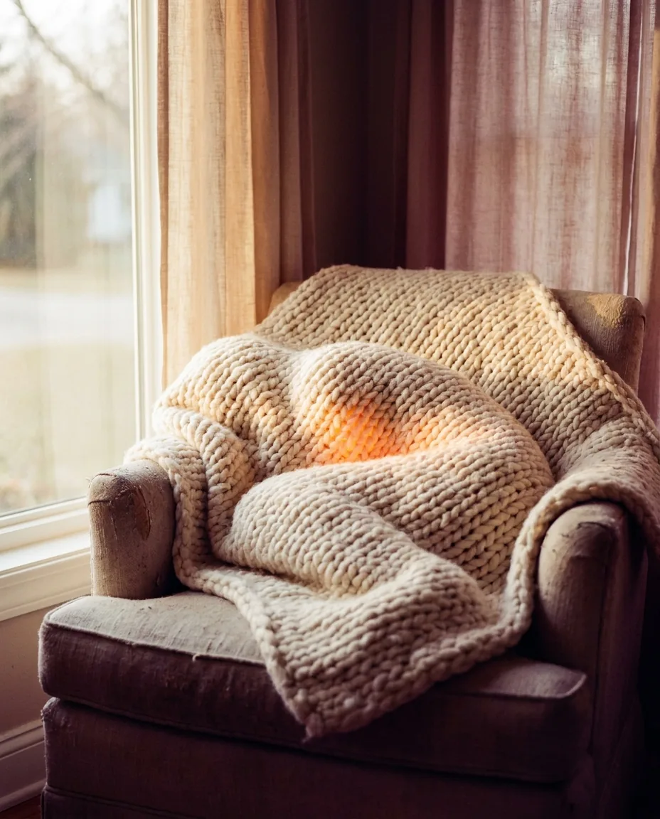 A chunky knit blanket draped over a chair beside a quiet window
