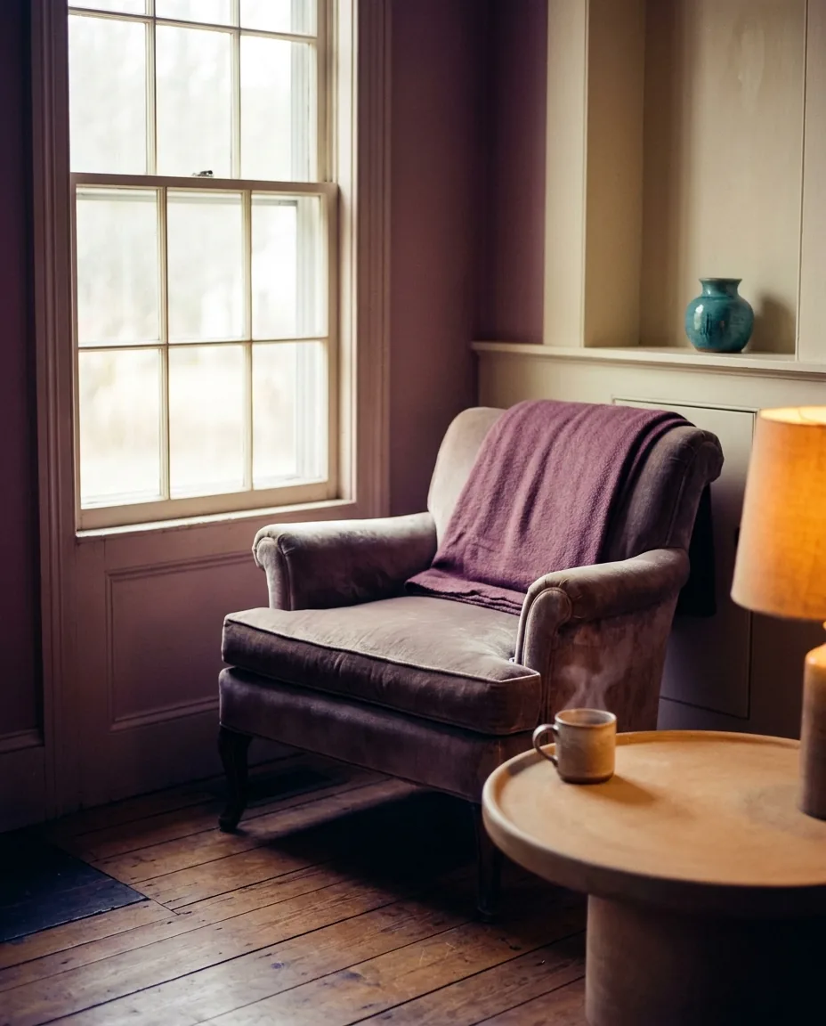 An armchair and a lit lamp beside a window in a quiet room