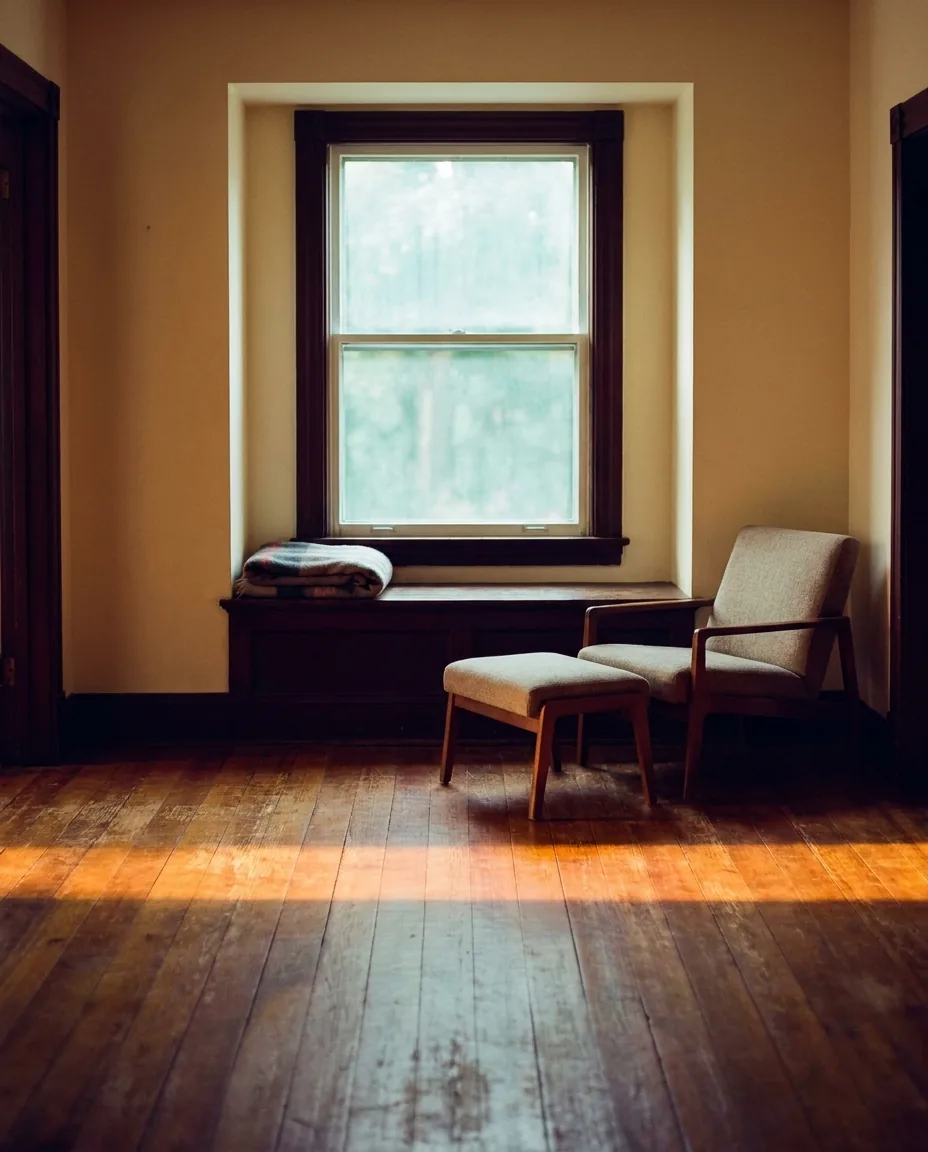 A window and two chairs in a room filled with warm afternoon light