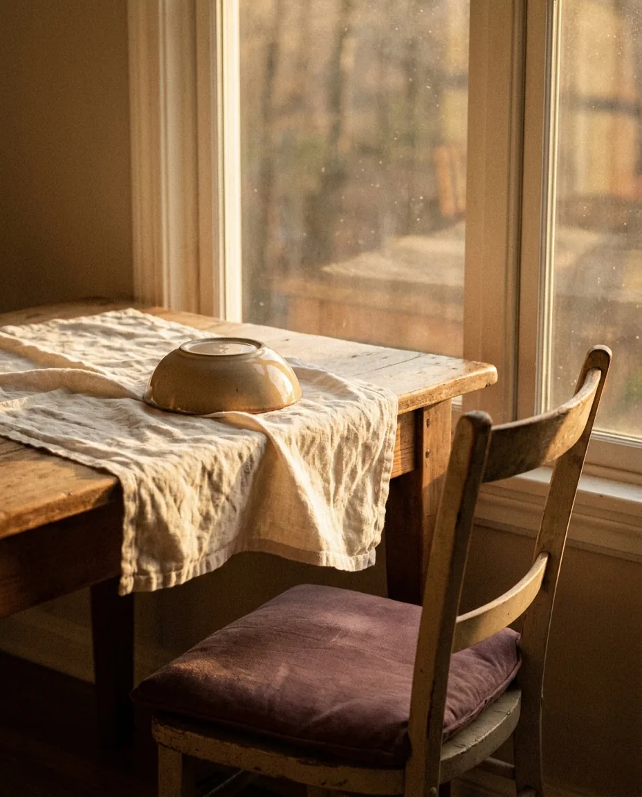 A simple wooden table with an overturned bowl beside soft window light