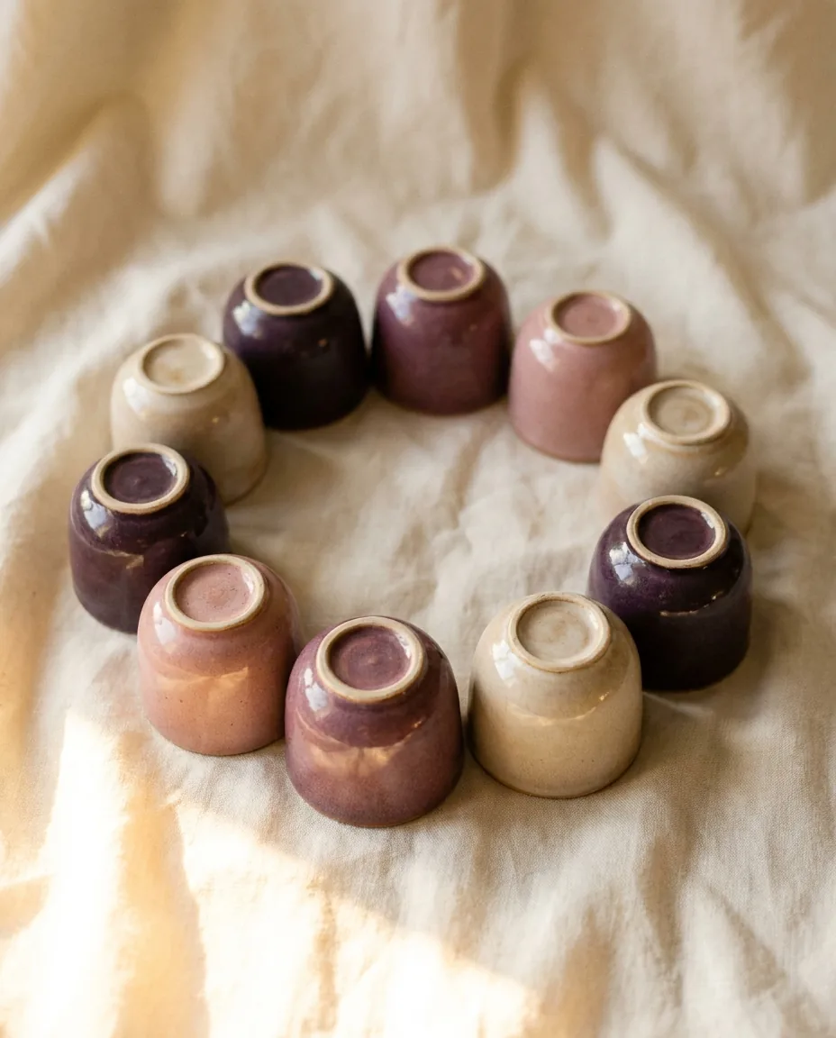A circle of small ceramic cups arranged on a linen cloth